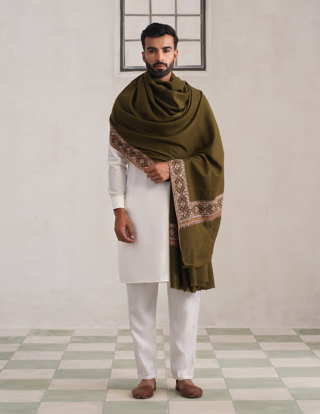 Dordaar Pashmina Shawl – Olive Green (Multicolour Sozni)