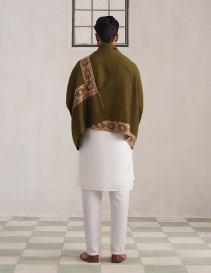 Dordaar Pashmina Shawl – Olive Green (Multicolour Sozni)