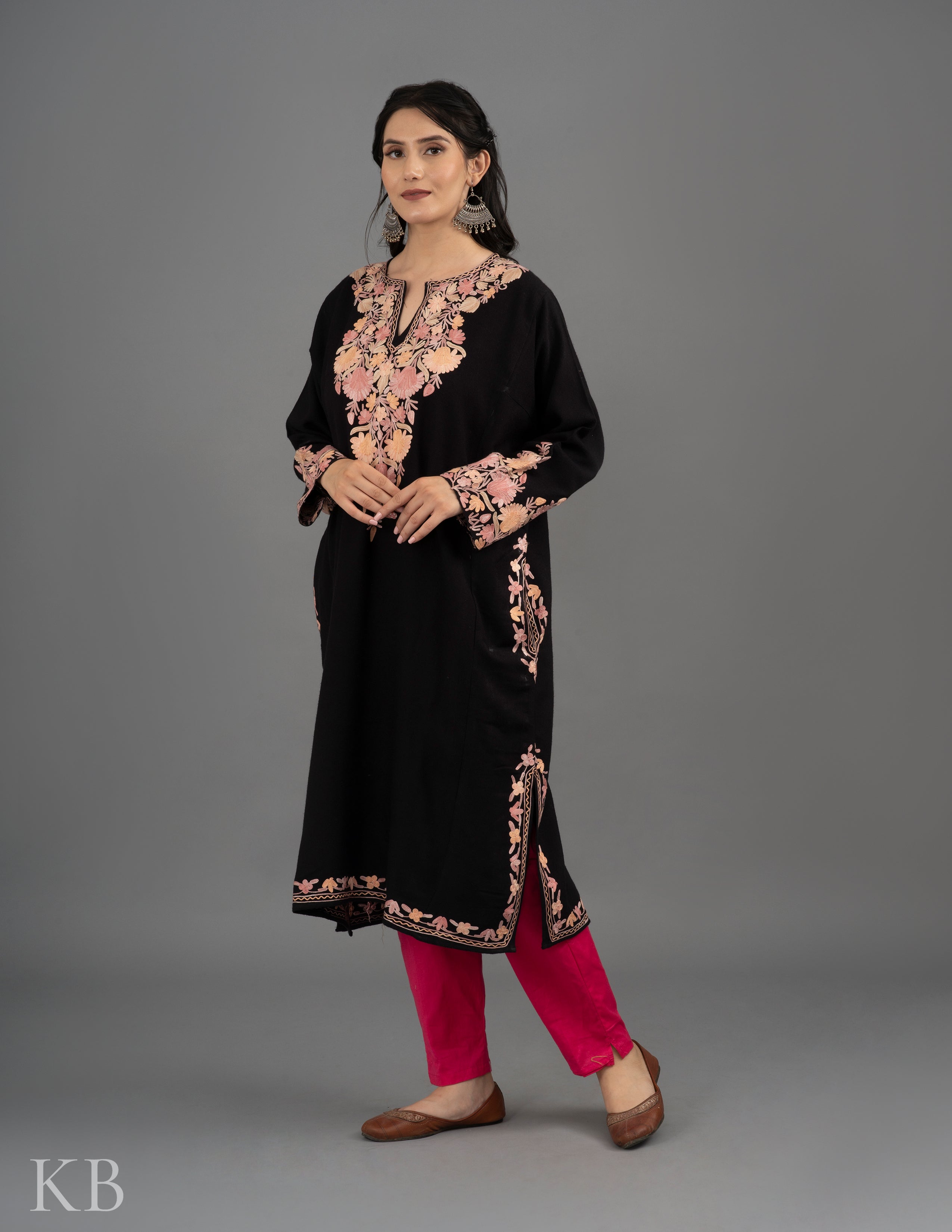 Pastel Neck Aari Embroidered Black Cashmilon Phiran - Kashmir Box