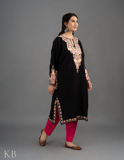 Pastel Neck Aari Embroidered Black Cashmilon Phiran - Kashmir Box