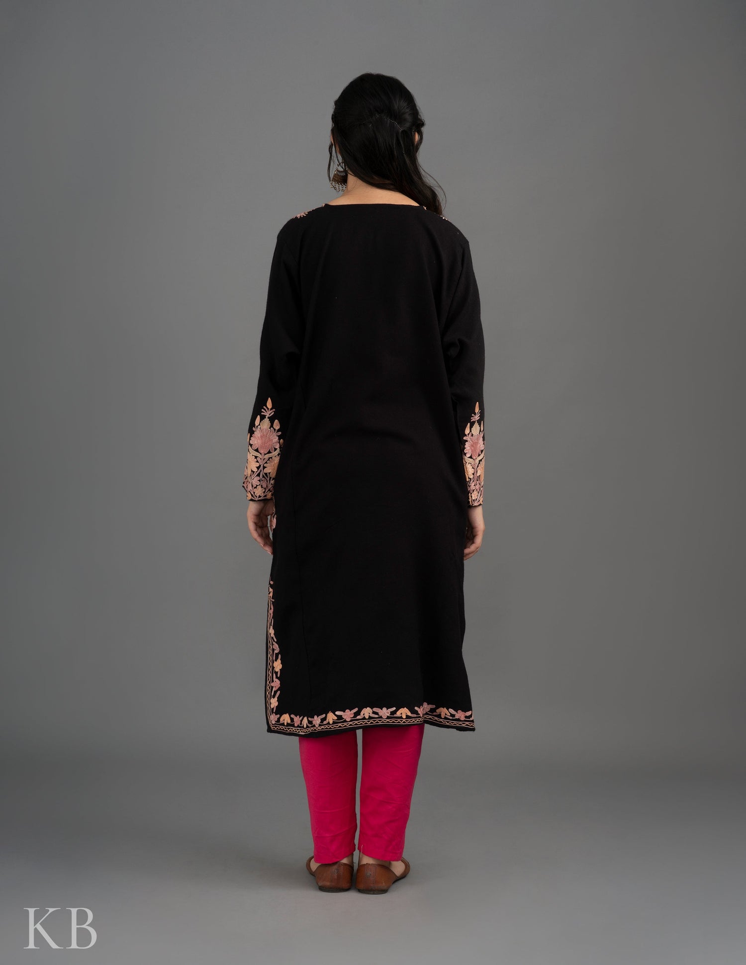 Pastel Neck Aari Embroidered Black Cashmilon Phiran - Kashmir Box