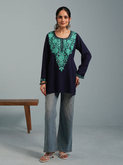 Navy Blue Kashmiri Aari Embroidered Rayon Kurta