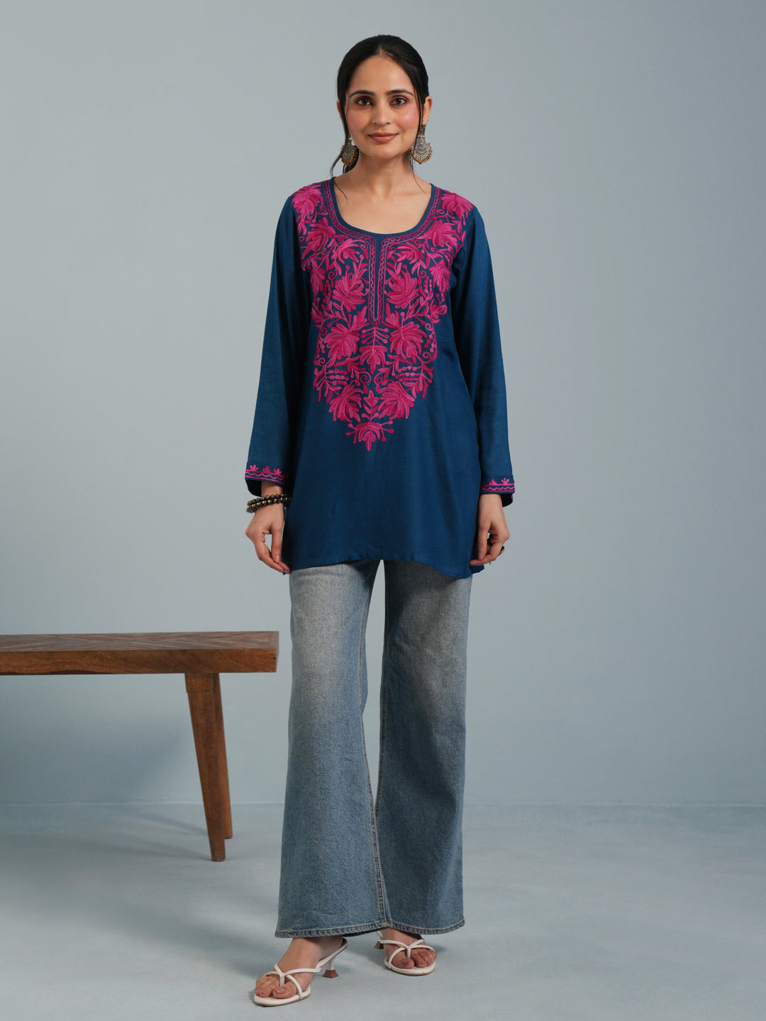 Blue Kashmiri Aari Embroidered Rayon Kurta