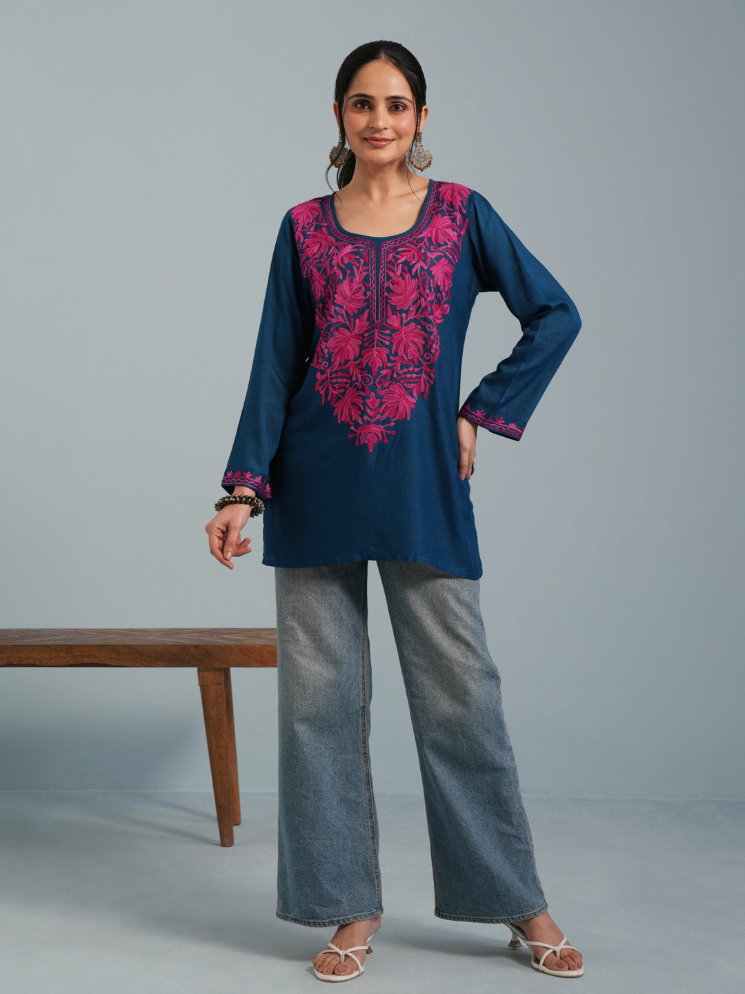 Blue Kashmiri Aari Embroidered Rayon Kurta