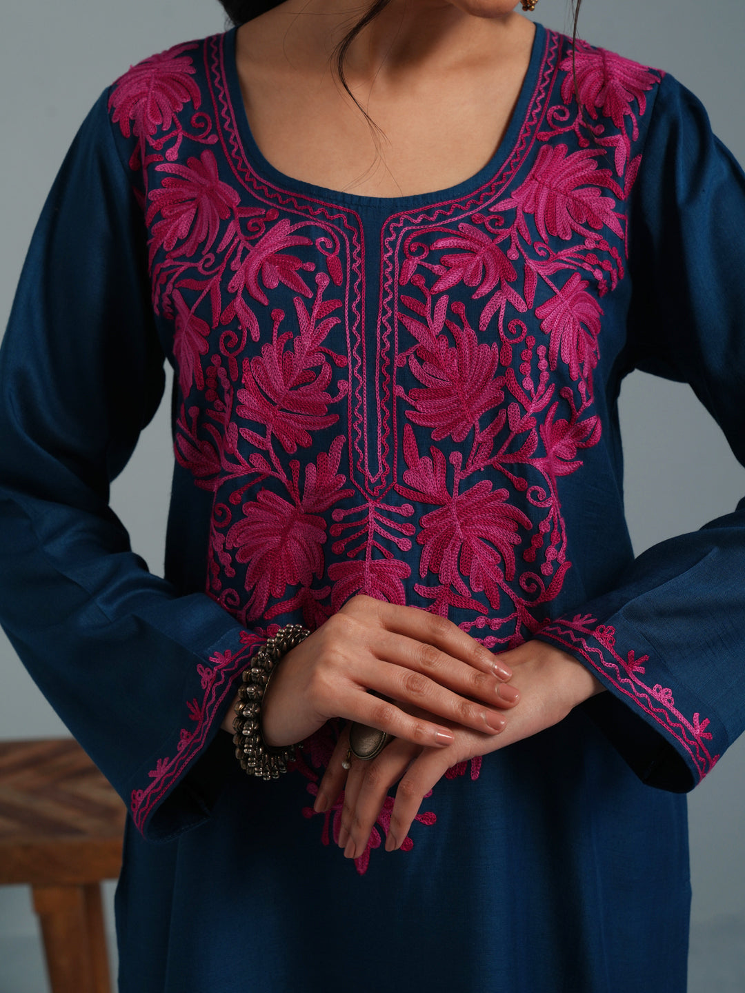 Blue Kashmiri Aari Embroidered Rayon Kurta