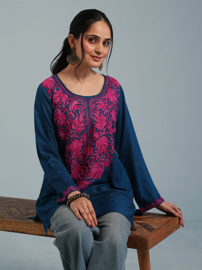 Blue Kashmiri Aari Embroidered Rayon Kurta
