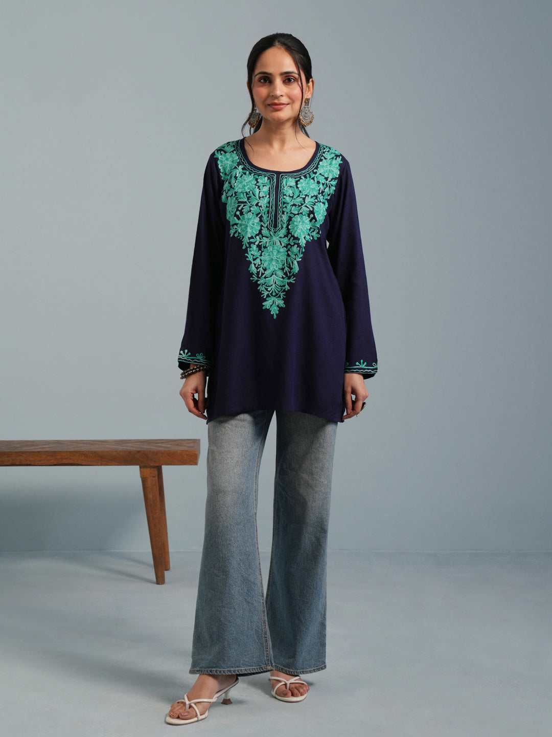 Navy Blue Kashmiri Aari Embroidered Rayon Kurta