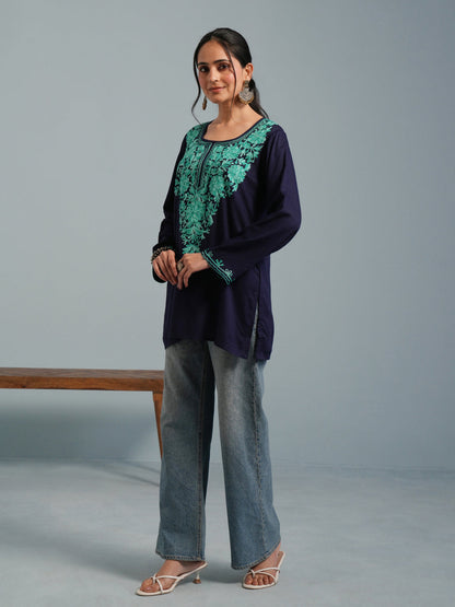 Navy Blue Kashmiri Aari Embroidered Rayon Kurta