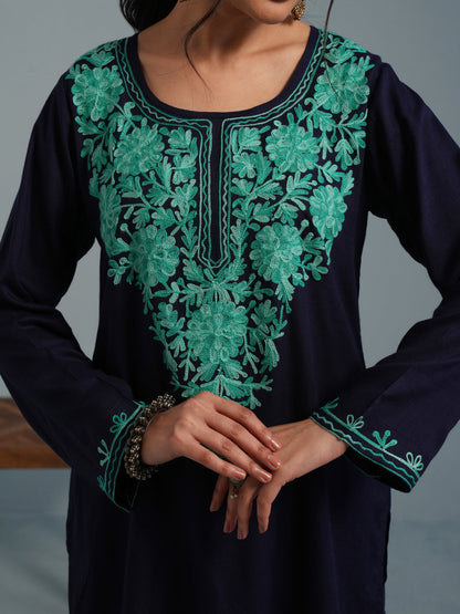 Navy Blue Kashmiri Aari Embroidered Rayon Kurta
