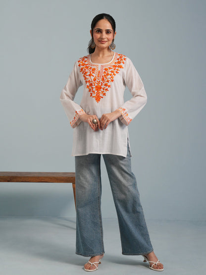 White Kashmiri Aari Embroidered Rayon Kurta