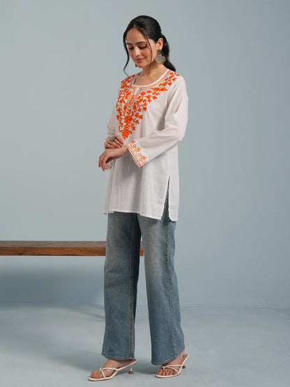 White Kashmiri Aari Embroidered Rayon Kurta