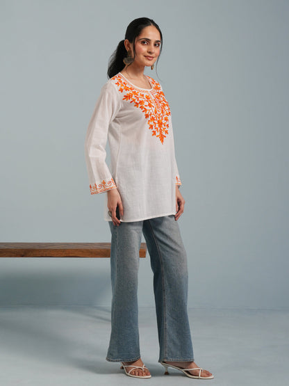 White Kashmiri Aari Embroidered Rayon Kurta