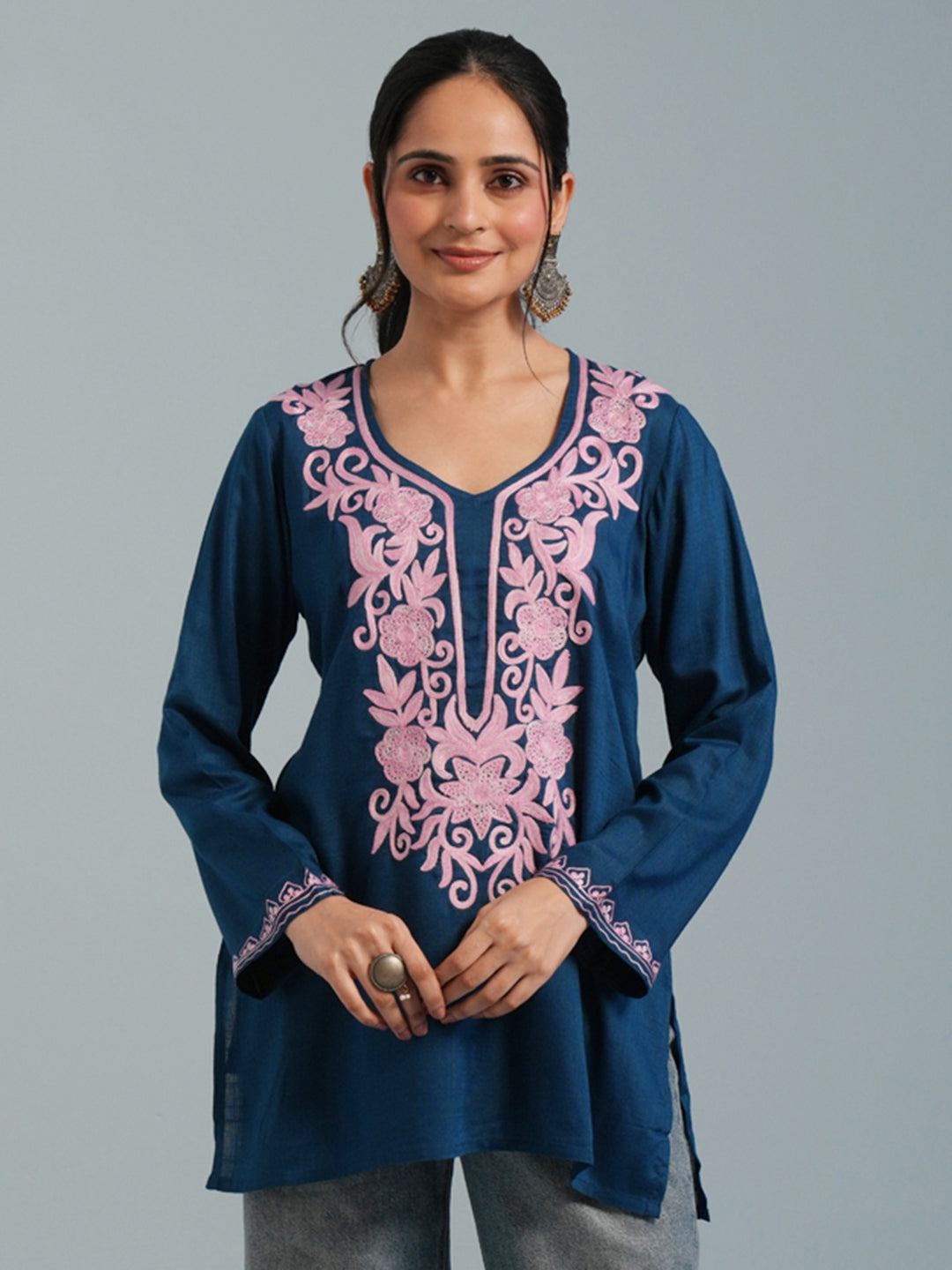 Blue Kashmiri  Aari Embroidered  Rayon Kurta