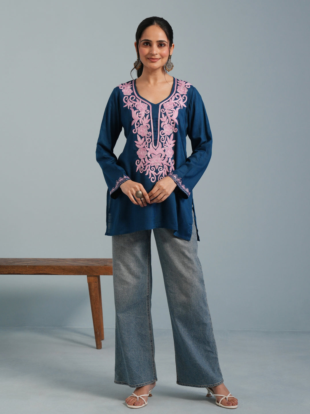 Blue Kashmiri  Aari Embroidered  Rayon Kurta