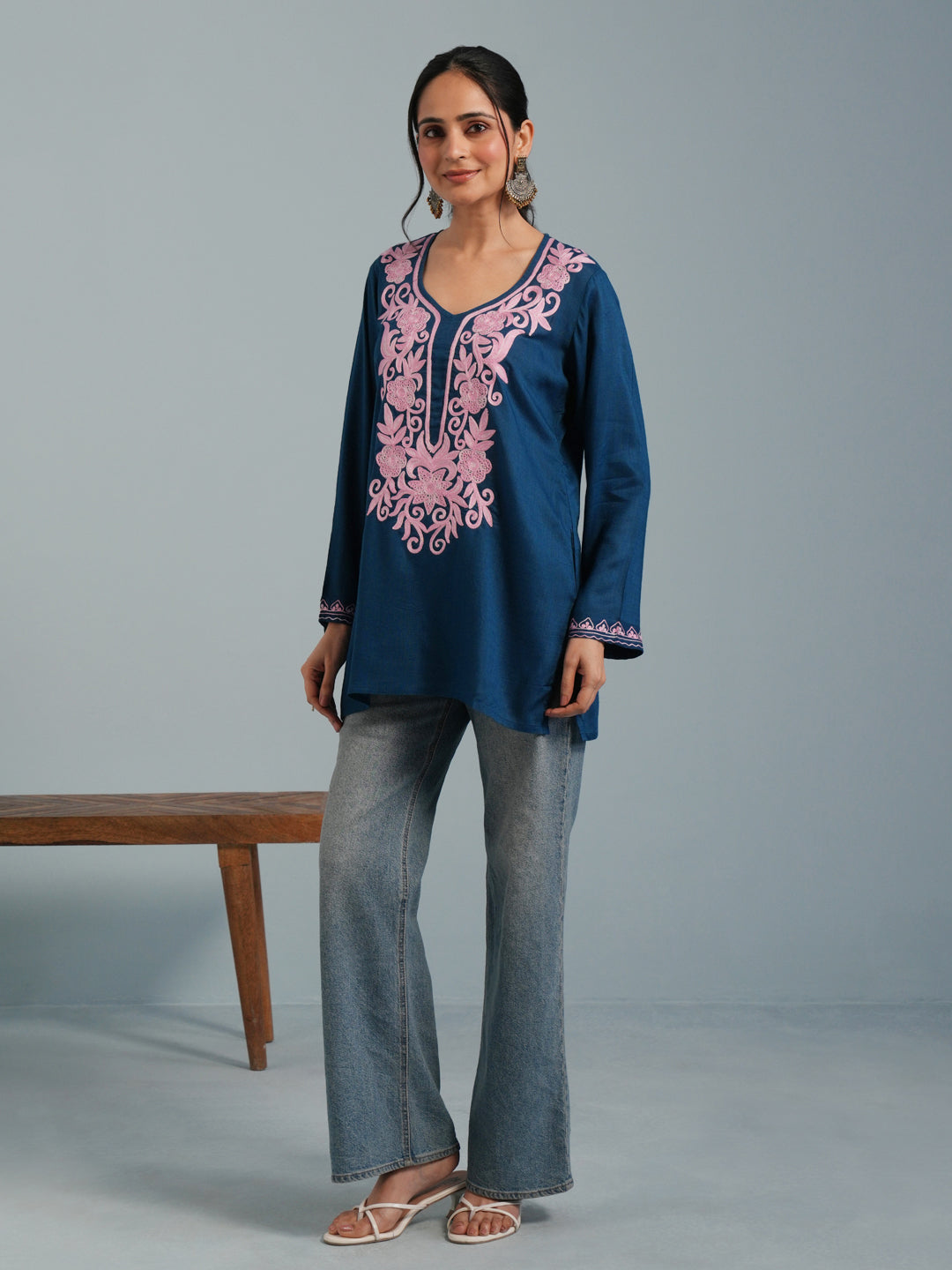 Blue Kashmiri  Aari Embroidered  Rayon Kurta