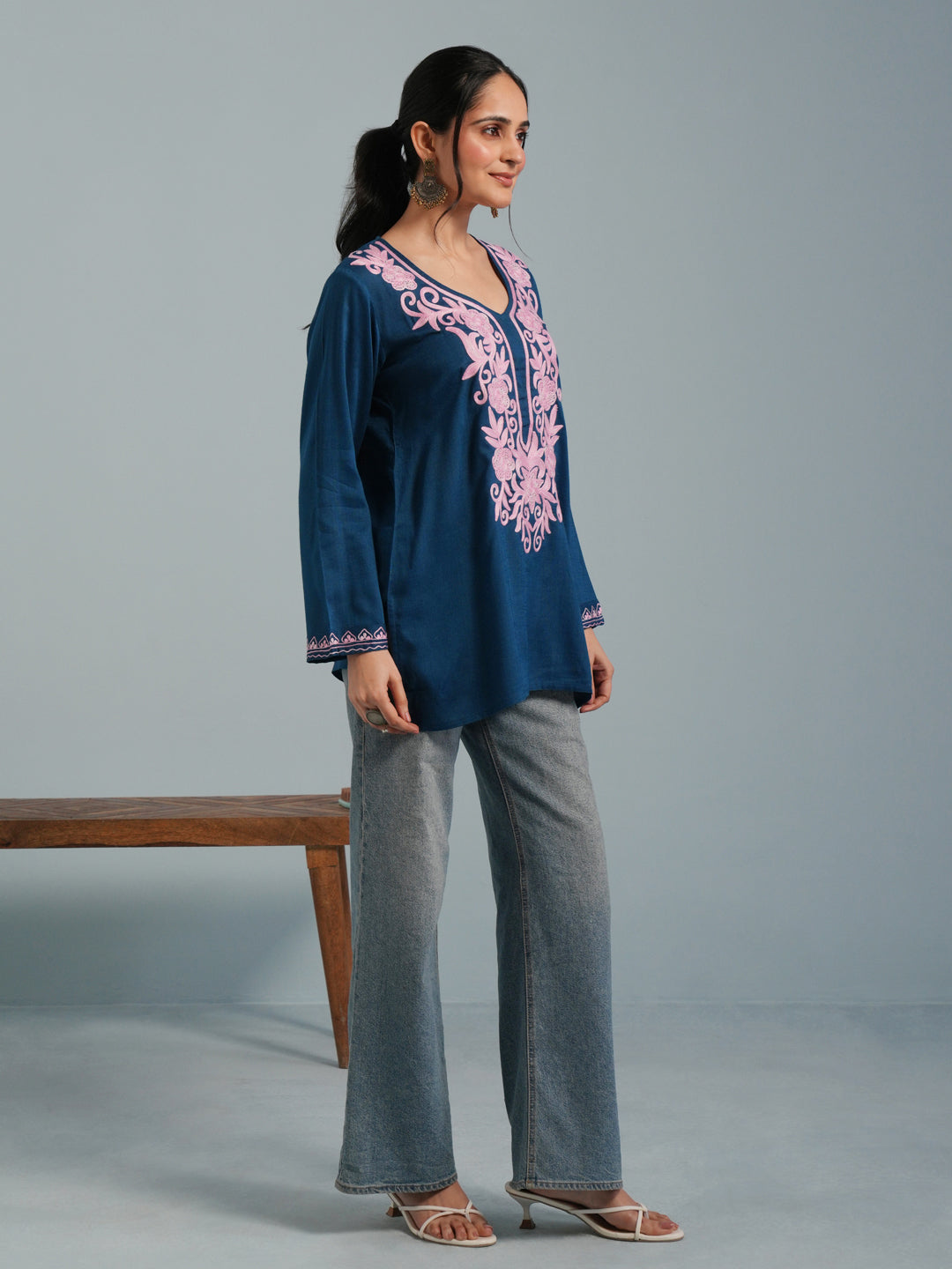 Blue Kashmiri  Aari Embroidered  Rayon Kurta