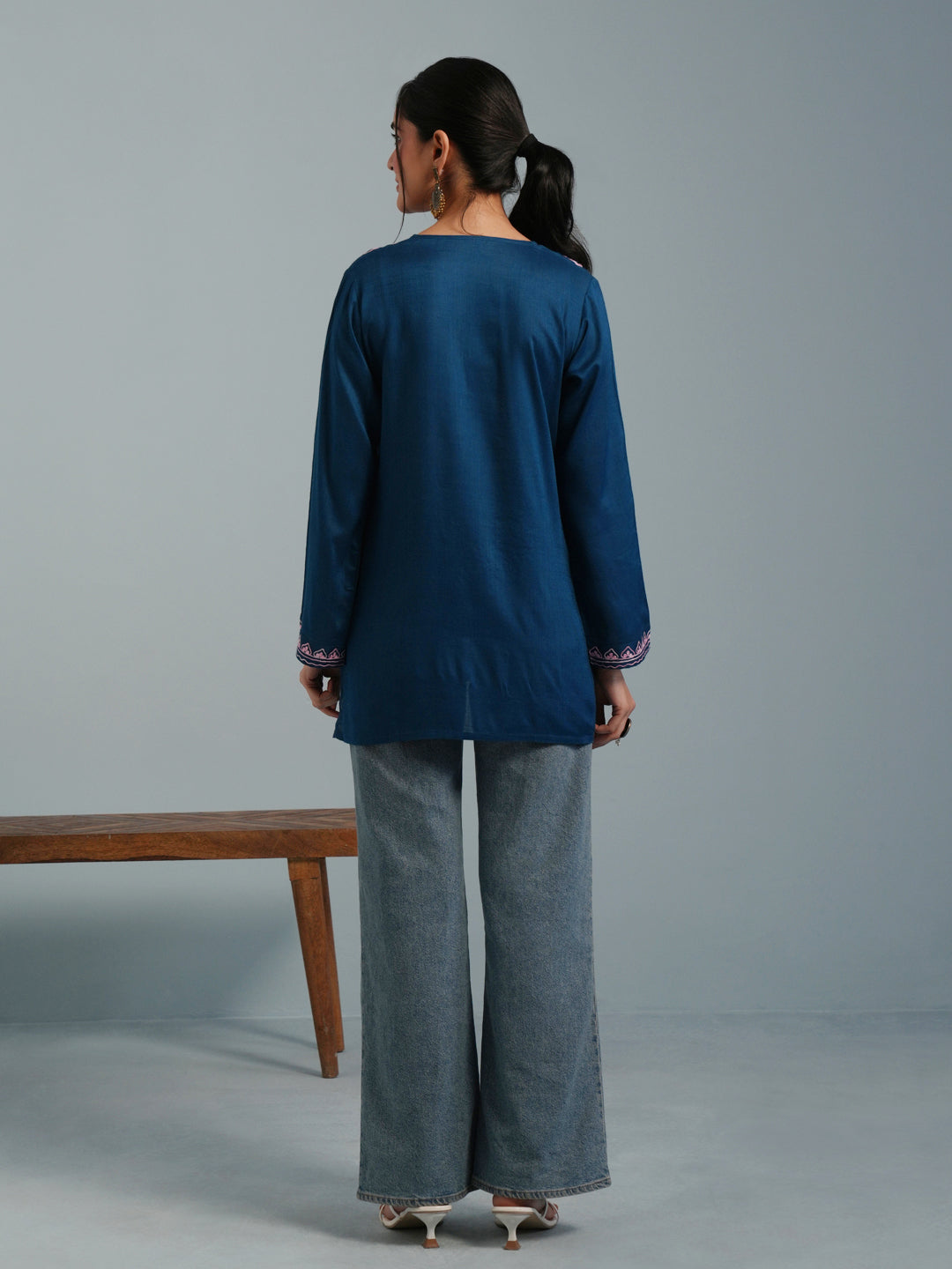 Blue Kashmiri  Aari Embroidered  Rayon Kurta