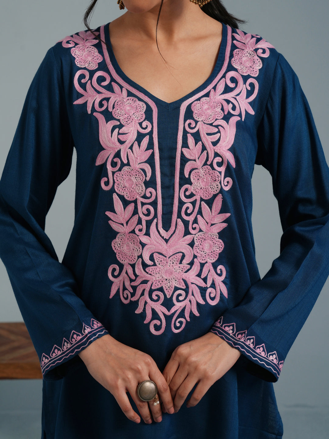 Blue Kashmiri  Aari Embroidered  Rayon Kurta