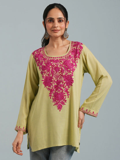 Light Green Kashmiri Aari Embroidered Rayon Kurta