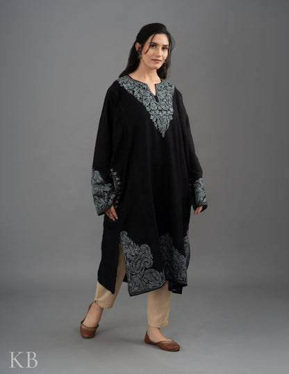 Black And Grey Aari Embroidered Cashmilon Phiran - Kashmir Box