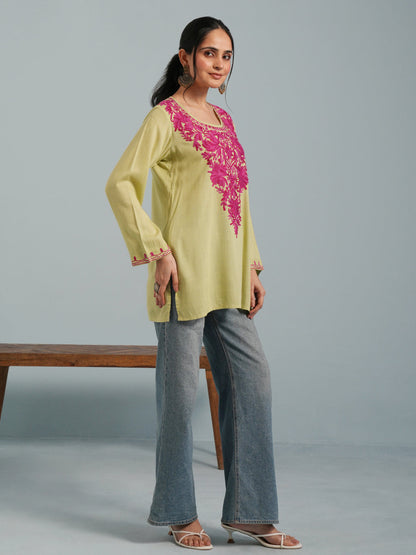 Light Green Kashmiri Aari Embroidered Rayon Kurta