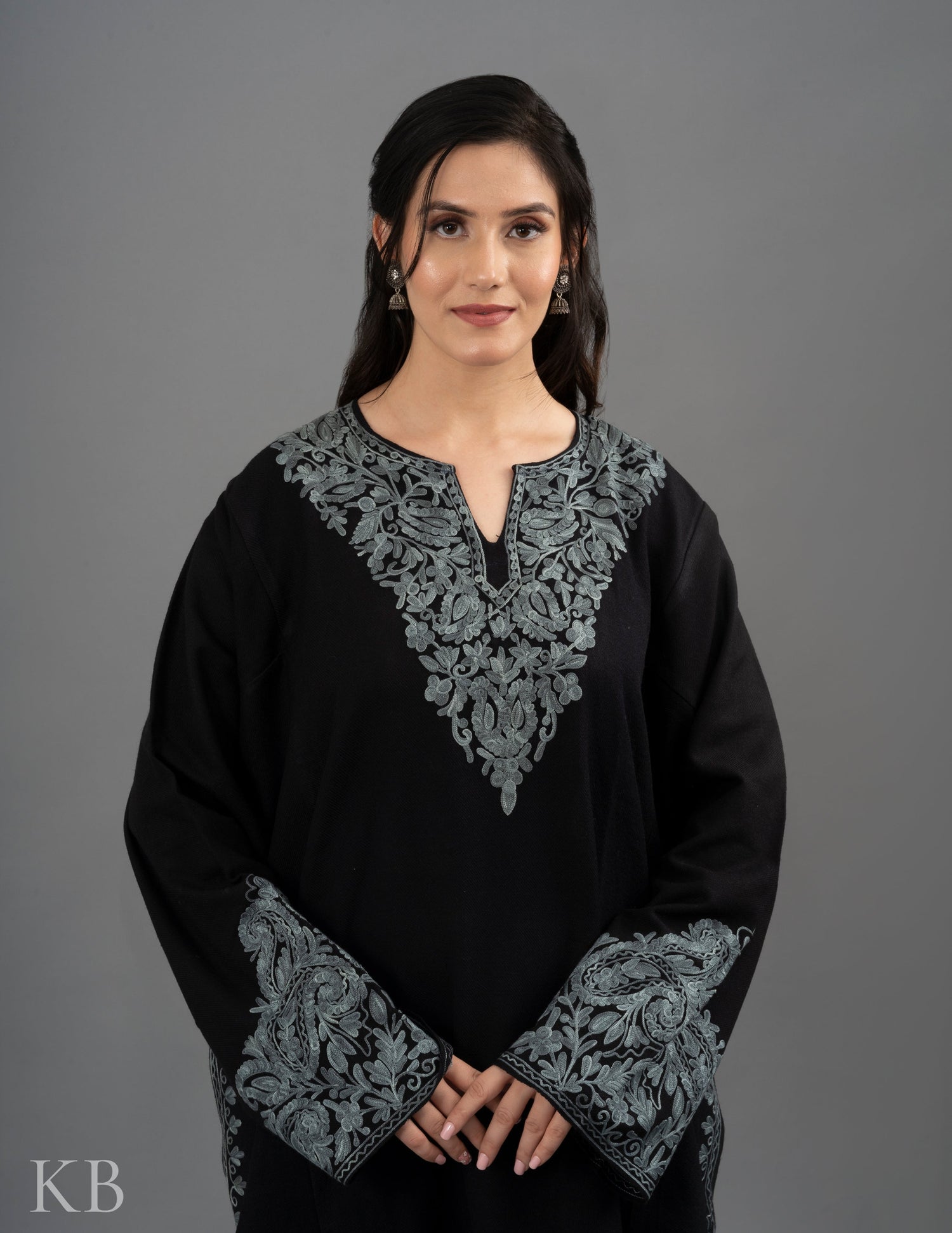 Black And Grey Aari Embroidered Cashmilon Phiran - Kashmir Box