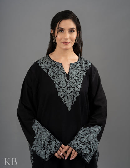 Black And Grey Aari Embroidered Cashmilon Phiran - Kashmir Box