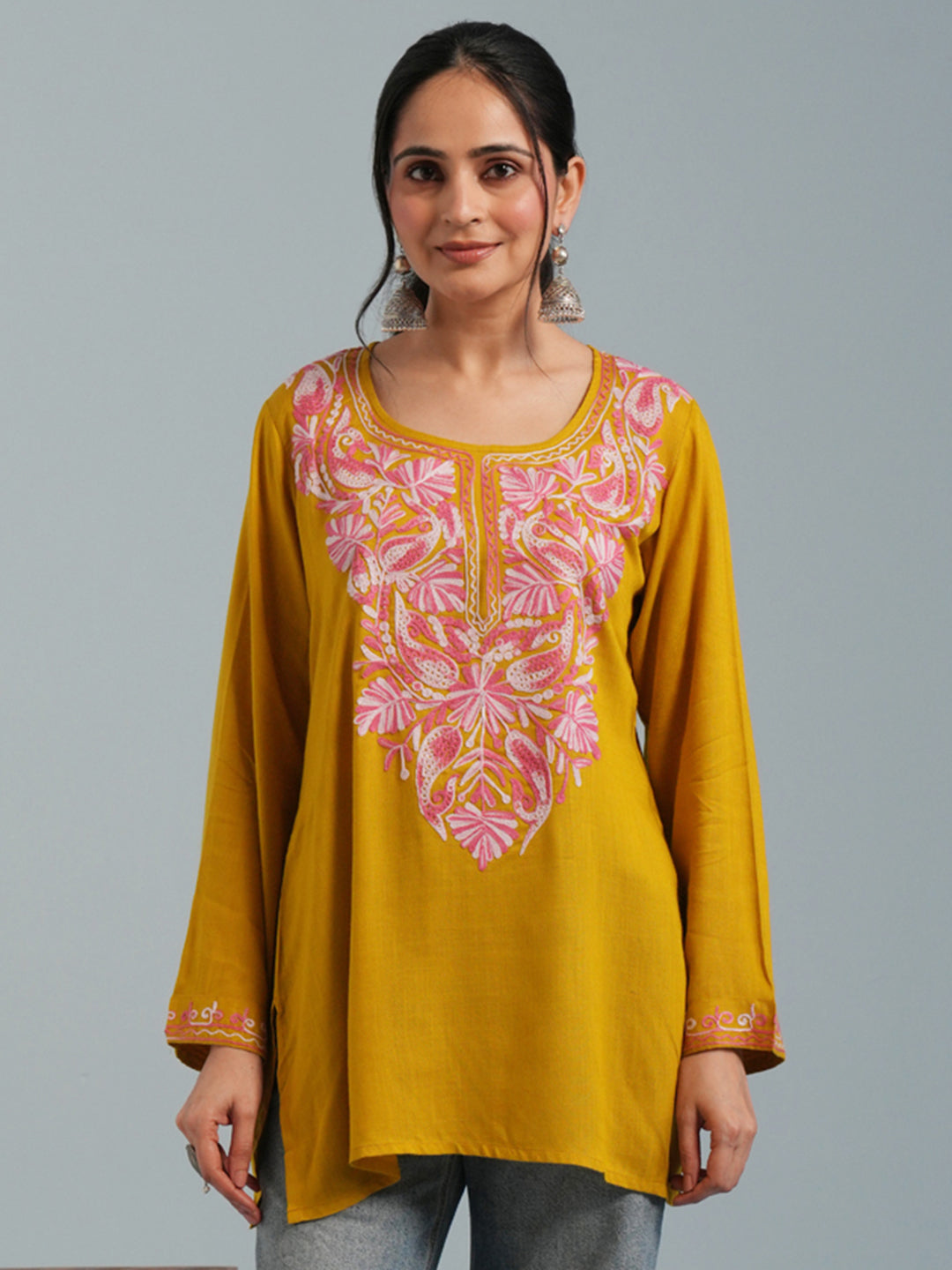 Mustard Yellow Kashmiri Aari Embroidered  Rayon Kurta