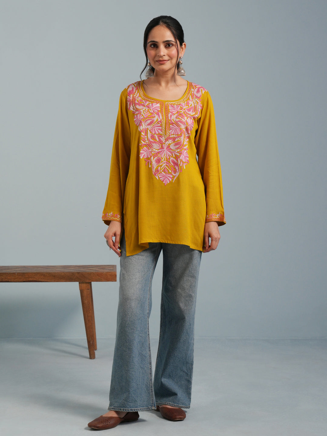 Mustard Yellow Kashmiri Aari Embroidered Rayon Kurta