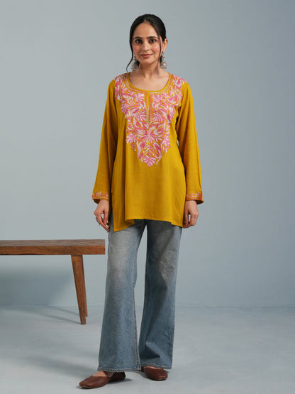 Mustard Yellow Kashmiri Aari Embroidered  Rayon Kurta