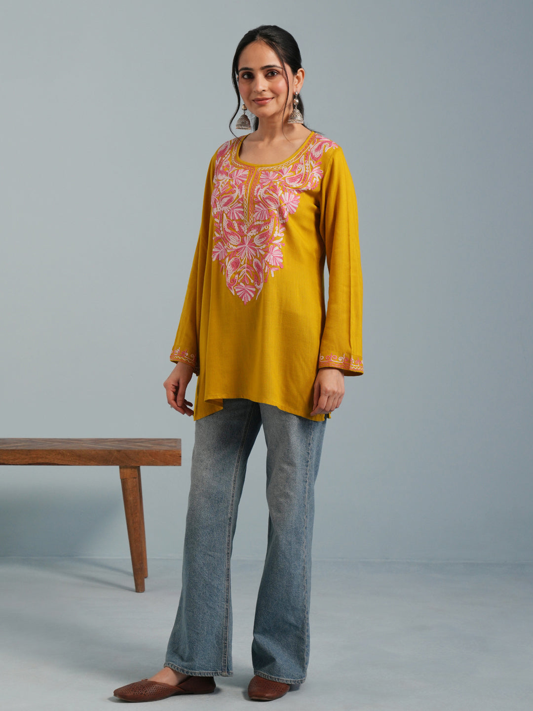 Mustard Yellow Kashmiri Aari Embroidered  Rayon Kurta
