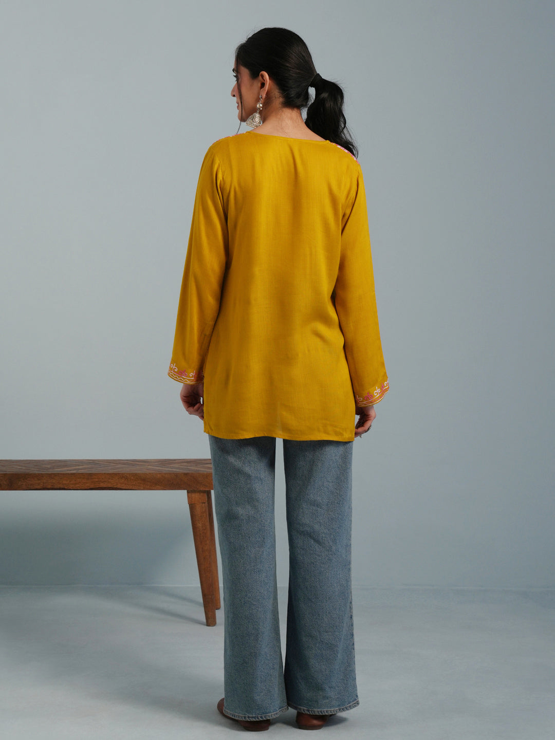 Mustard Yellow Kashmiri Aari Embroidered  Rayon Kurta