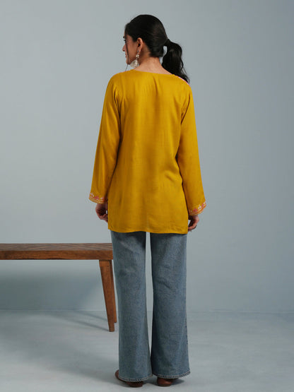 Mustard Yellow Kashmiri Aari Embroidered  Rayon Kurta