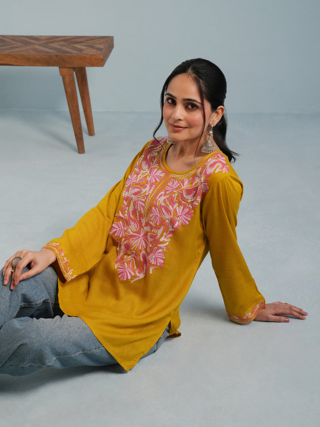 Mustard Yellow Kashmiri Aari Embroidered  Rayon Kurta