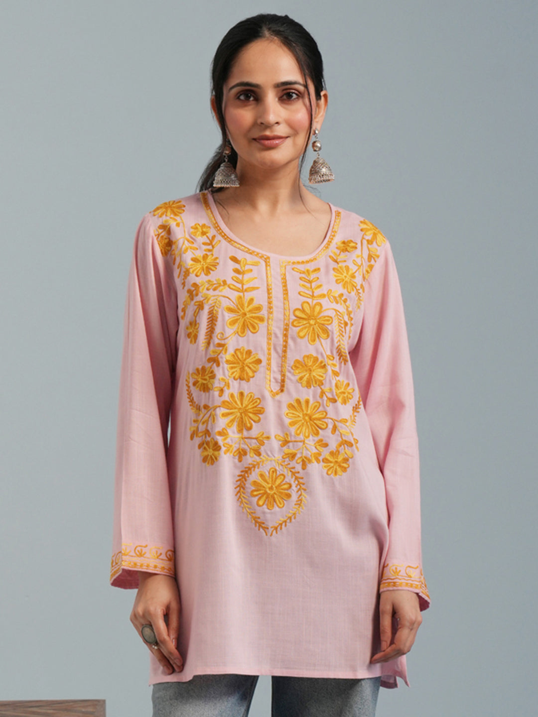Baby Pink Kashmiri Aari Embroidered Rayon Kurta