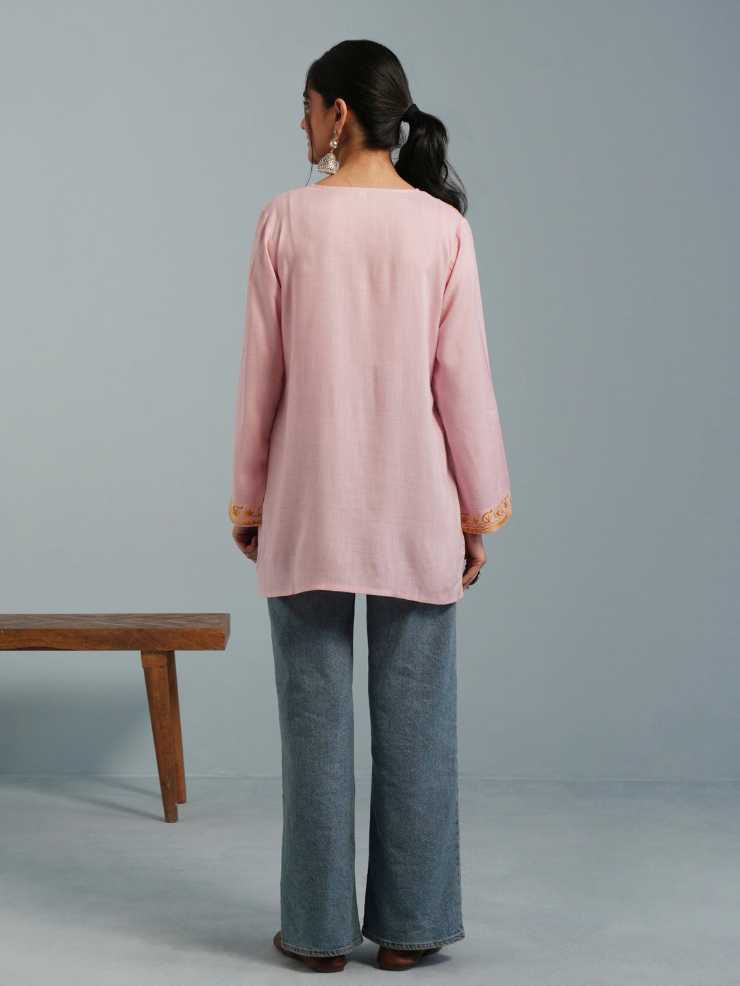 Baby Pink Kashmiri Aari Embroidered Rayon Kurta