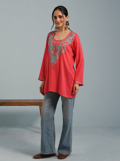 Pink Kashmiri Aari Embroidered  Rayon Kurta