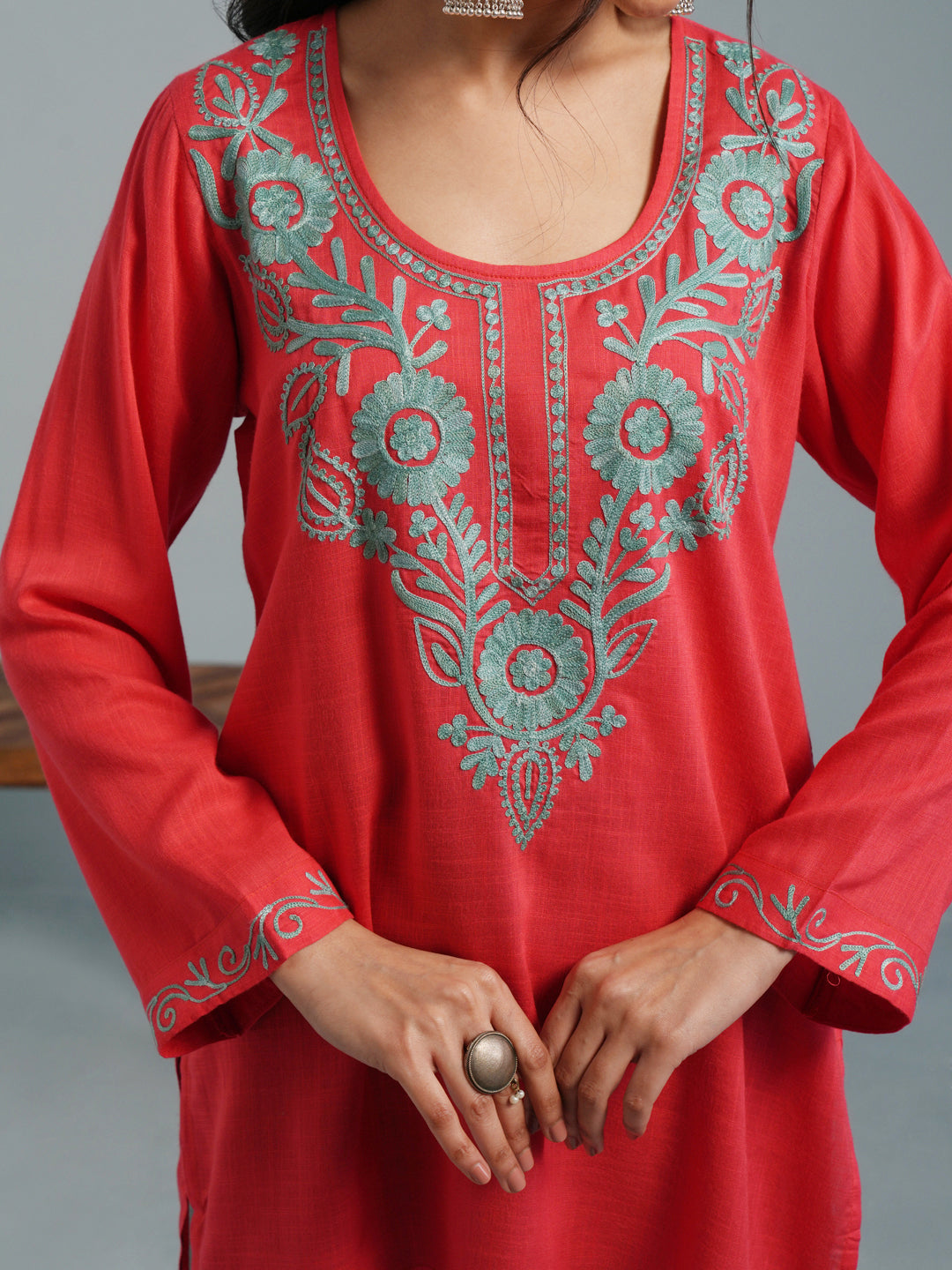 Pink Kashmiri Aari Embroidered  Rayon Kurta