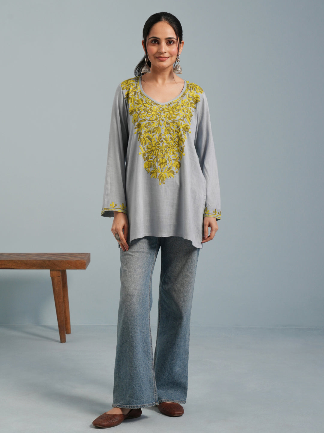 Light Blue Kashmiri Aari Embroidered  Rayon Kurta