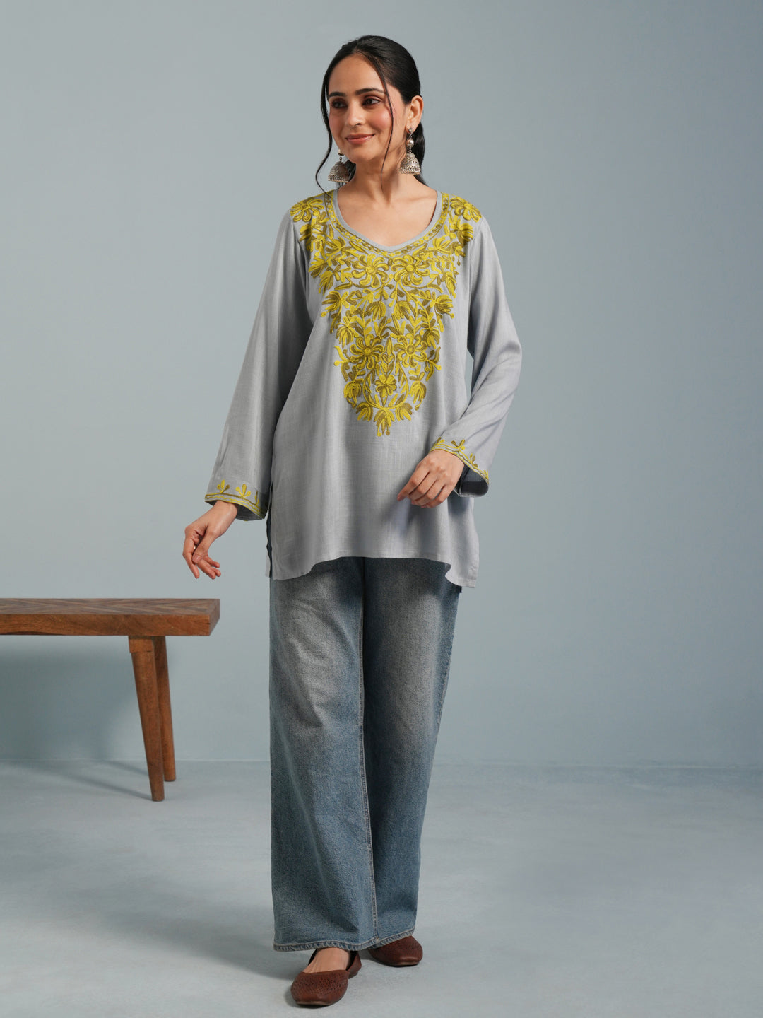 Light Blue Kashmiri Aari Embroidered  Rayon Kurta