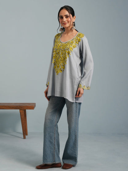 Light Blue Kashmiri Aari Embroidered  Rayon Kurta