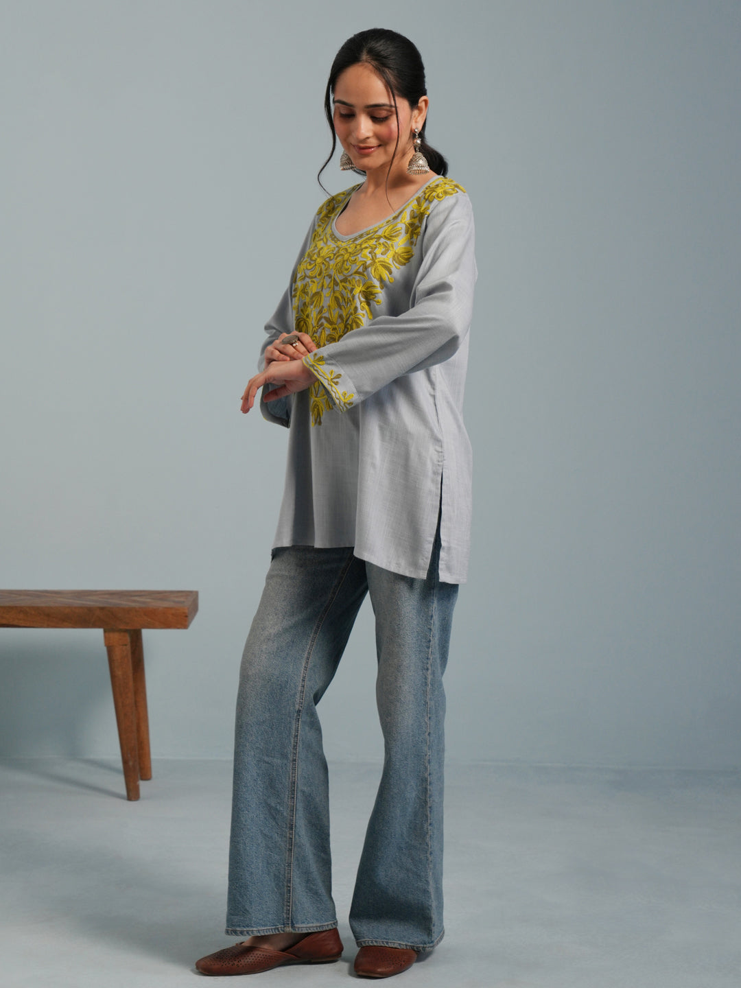 Light Blue Kashmiri Aari Embroidered  Rayon Kurta