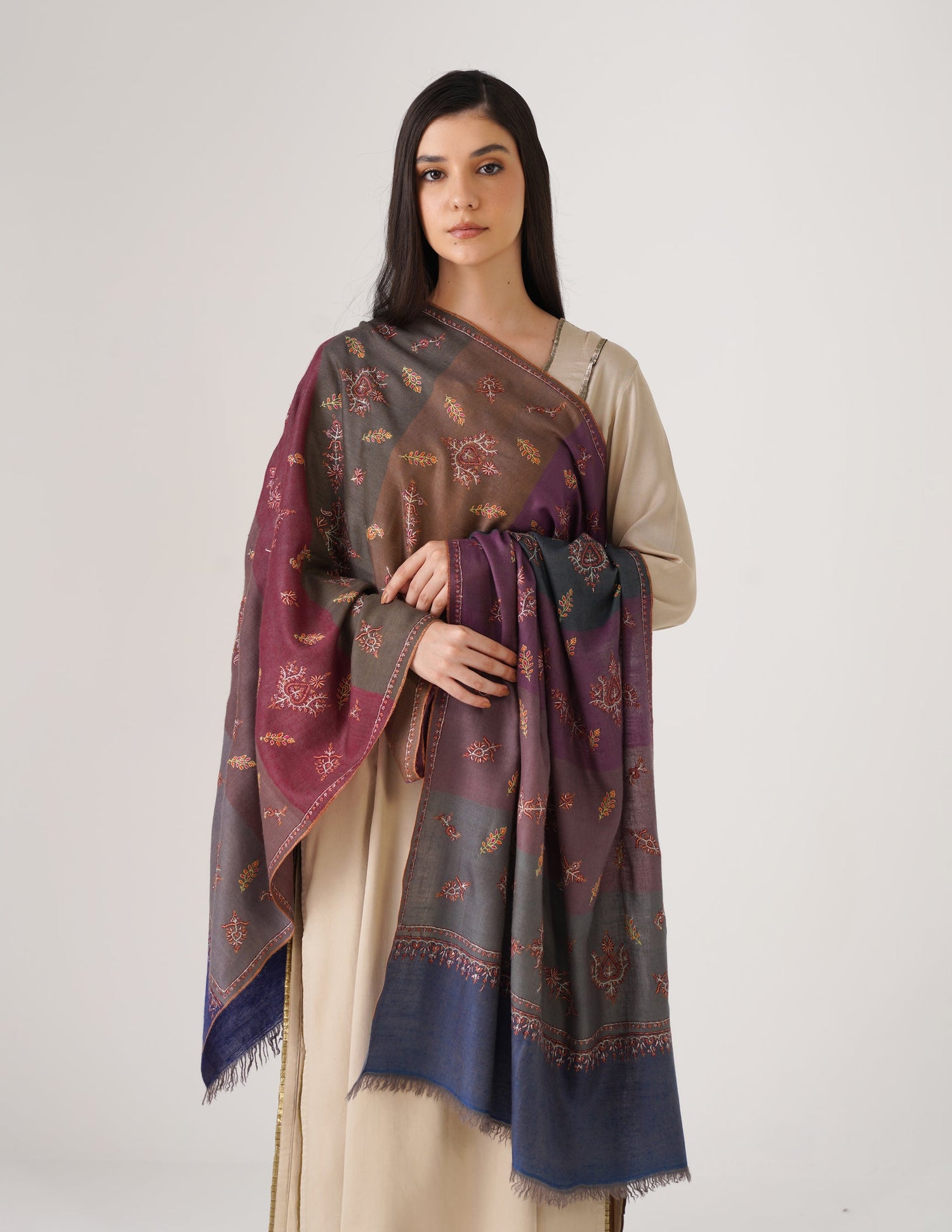 Kashmiri Handwoven Pashmina Sozni Stole Modern Stripes – Multicoloured | Handwoven Heritage