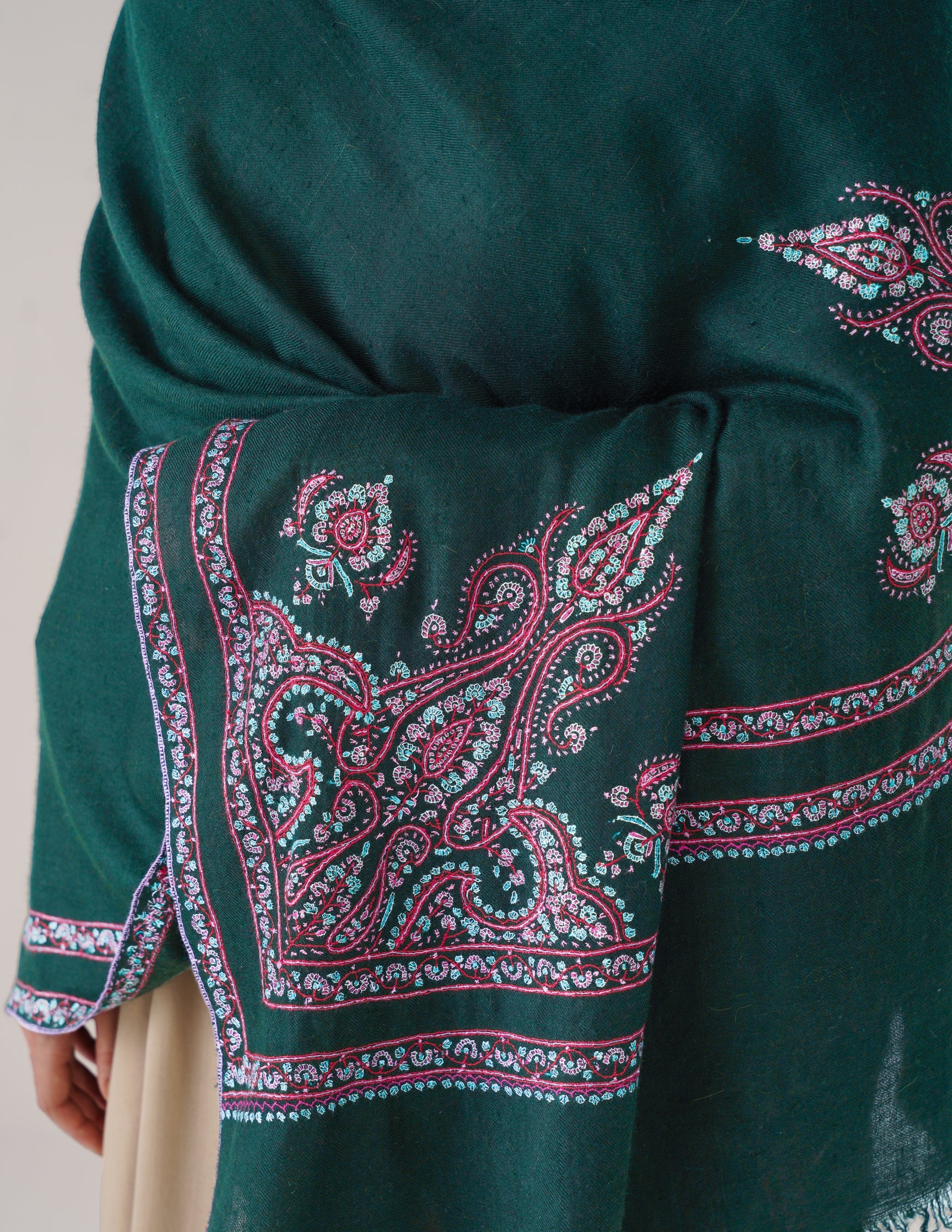Kashmiri Handwoven Pashmina Sozni Shawl Double Hashidaar – Bottle Green | Handwoven Heritage - Kashmir Box