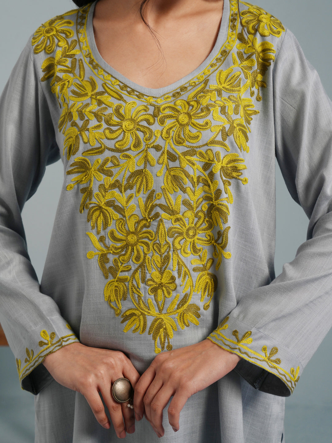 Light Blue Kashmiri Aari Embroidered  Rayon Kurta