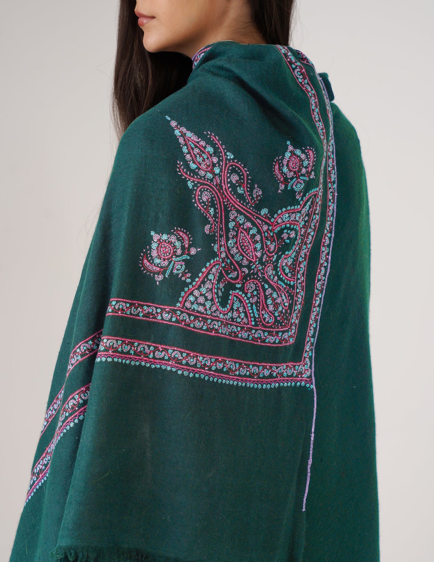 Kashmiri Handwoven Pashmina Sozni Shawl Double Hashidaar – Bottle Green | Handwoven Heritage - Kashmir Box