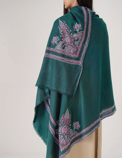 Kashmiri Handwoven Pashmina Sozni Shawl Double Hashidaar – Bottle Green | Handwoven Heritage - Kashmir Box