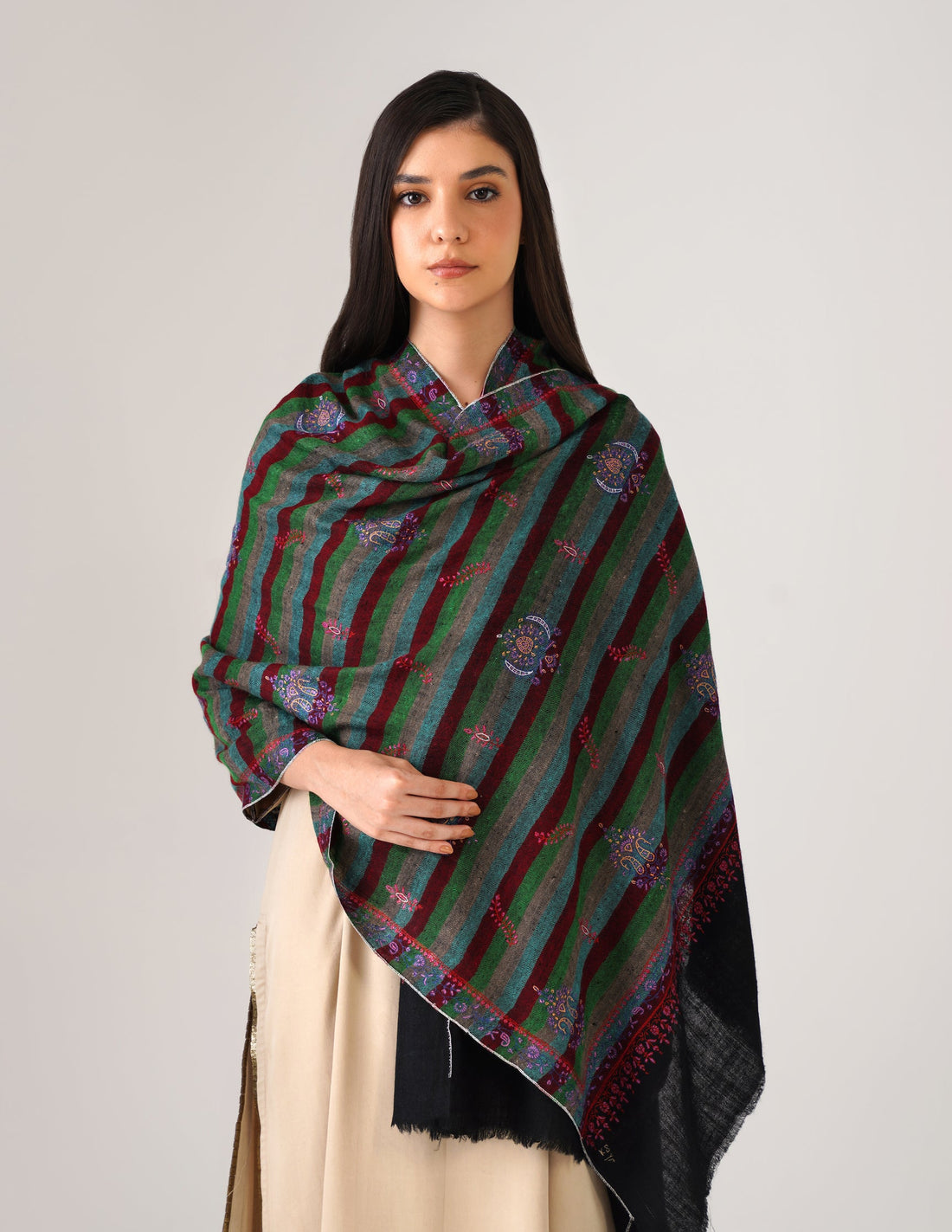 Kashmiri Handwoven Pashmina Sozni Stole Modern Stripes – Black & Multicolour | Handwoven Heritage - Kashmir Box
