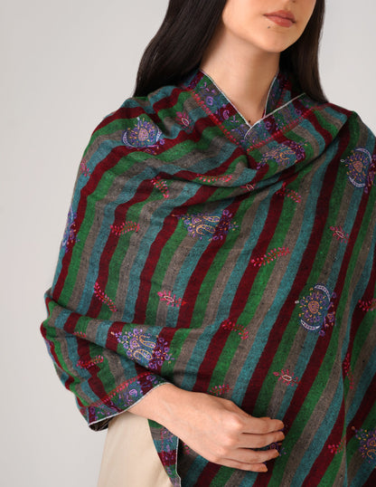 Kashmiri Handwoven Pashmina Sozni Stole Modern Stripes – Black &amp; Multicolour | Handwoven Heritage