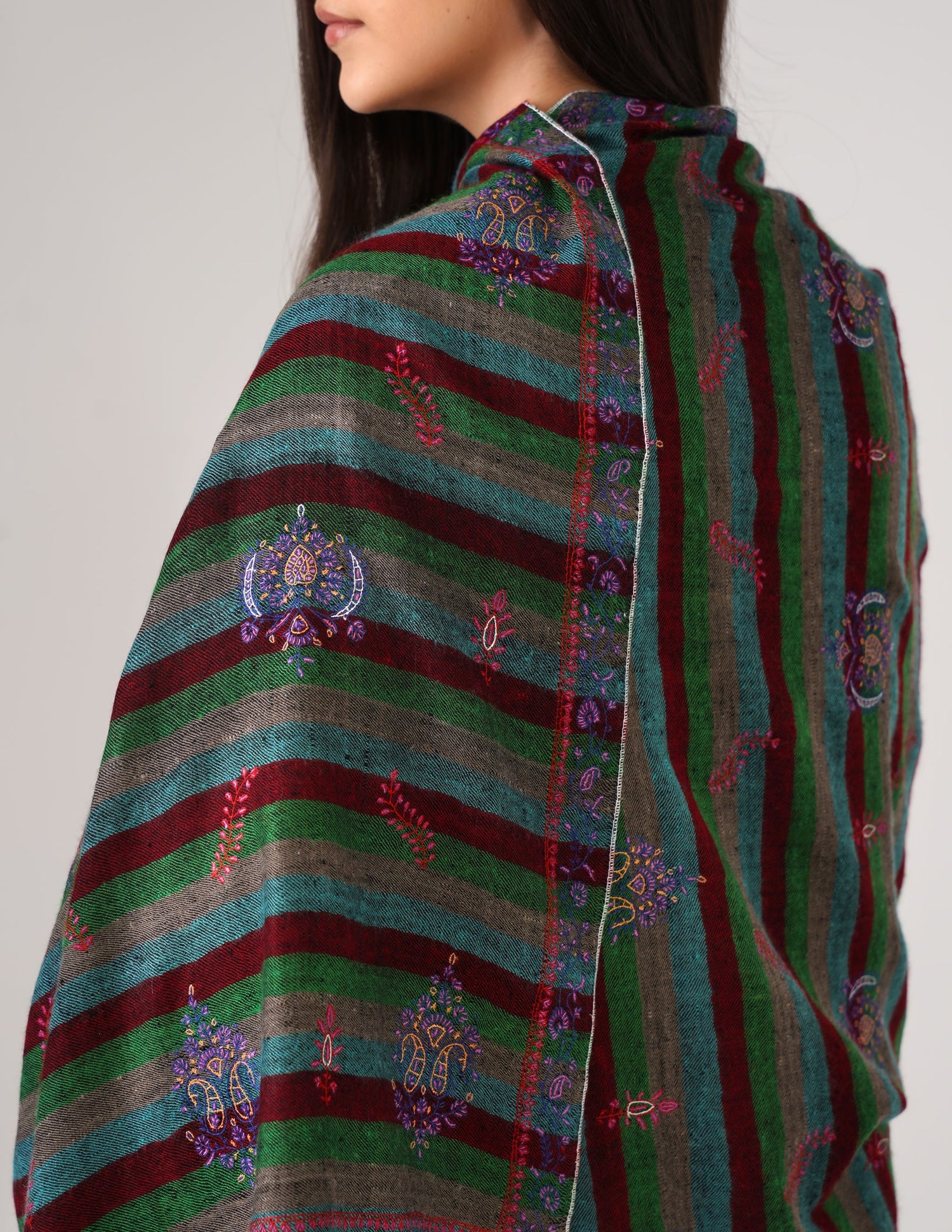 Kashmiri Handwoven Pashmina Sozni Stole Modern Stripes – Black &amp; Multicolour | Handwoven Heritage